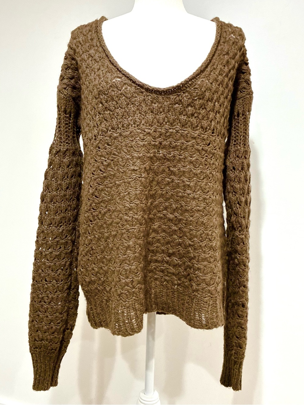 Free People Brown Open-Weave Crochet Knit Scoop Neck Sweater XS